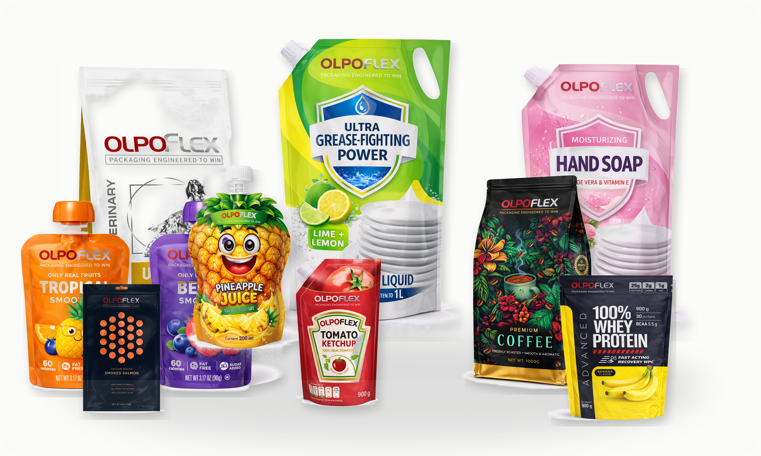 OLPO FLEX flexible packaging — stand-up pouches for pet food, protein, and premium applications
